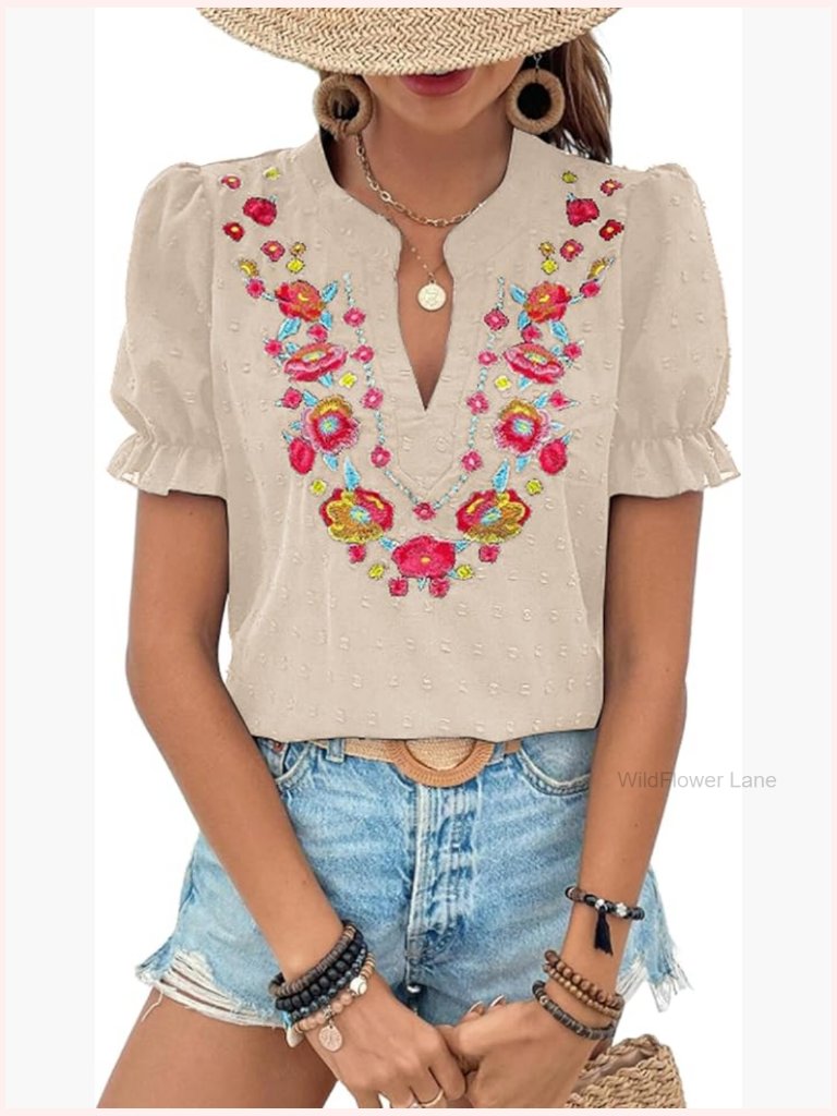 Floral Embroidered V Neck Puff Sleeve Blouse Top